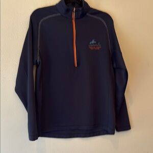 Navy Half-Zip Pullover with Orange Accents Catalina Island golf course layering